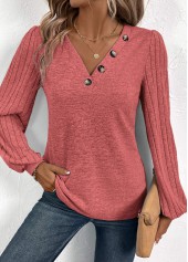 Dusty Pink tops,Plain Color tops,ROTITA Patchwork Dusty Pink V Neck Long Sleeve Sweatshirt