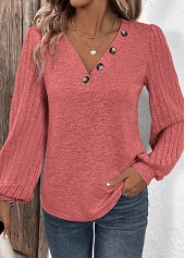 Dusty Pink tops,Plain Color tops,ROTITA Patchwork Dusty Pink V Neck Long Sleeve Sweatshirt