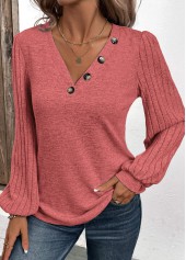 Dusty Pink tops,Plain Color tops,ROTITA Patchwork Dusty Pink V Neck Long Sleeve Sweatshirt