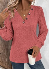 Dusty Pink tops,Plain Color tops,ROTITA Patchwork Dusty Pink V Neck Long Sleeve Sweatshirt