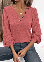 Dusty Pink tops,Plain Color tops,ROTITA Patchwork Dusty Pink V Neck Long Sleeve Sweatshirt