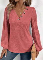 Dusty Pink tops,Plain Color tops,ROTITA Patchwork Dusty Pink V Neck Long Sleeve Sweatshirt