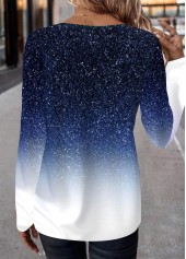 Blue tops,Ombre tops,ROTITA Patchwork Ombre Blue Round Neck Long Sleeve T Shirt