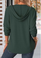 Blackish Green tops,Plain Color tops,ROTITA Button Blackish Green Long Sleeve Hoodie