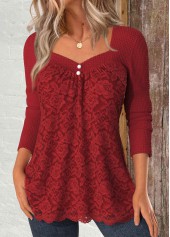 Red tops,Plain Color tops,ROTITA Lace Red Square Neck Long Sleeve T Shirt