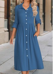 Denim Blue dresses,Plain Color dresses,Everyday dresses,Casual dresses,ROTITA Button Denim Blue Shirt Collar Long Sleeve Dress