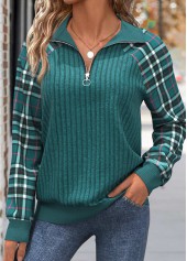 ROTITA Patchwork Plaid Peacock Blue Turn Down Collar Sweatshirt