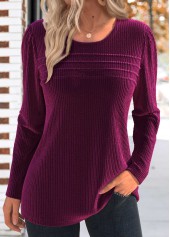 ROTITA Tuck Stitch Dark Reddish Purple Round Neck T Shirt