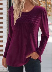 Dark Reddish Purple tops,Plain Color tops,ROTITA Tuck Stitch Dark Reddish Purple Round Neck T Shirt