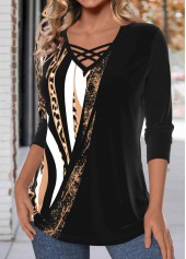 Black tops,Leopard tops,ROTITA Criss Cross Leopard Black V Neck T Shirt