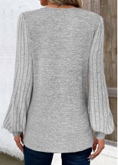 Light Grey tops,Plain Color tops,ROTITA Patchwork Light Grey V Neck Long Sleeve T Shirt