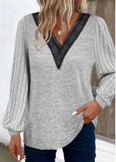 Light Grey tops,Plain Color tops,ROTITA Patchwork Light Grey V Neck Long Sleeve T Shirt