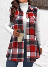 Wine Red tops,Plaid tops,ROTITA Button Plaid Wine Red Shirt Collar Sleeveless Waistcoat