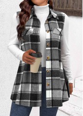 Grey tops,Plaid tops,ROTITA Patchwork Plaid Dark Camel Shirt Collar Sleeveless Waistcoat