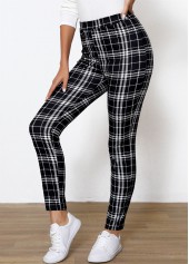 Black bottoms,Geometric bottoms,Plaid bottoms,Plaid Black High Waisted Elastic Waist Ankle Length Leggings