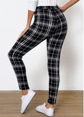 Black bottoms,Geometric bottoms,Plaid bottoms,Plaid Black High Waisted Elastic Waist Ankle Length Leggings
