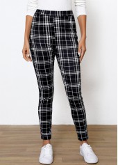 Black bottoms,Geometric bottoms,Plaid bottoms,Plaid Black High Waisted Elastic Waist Ankle Length Leggings