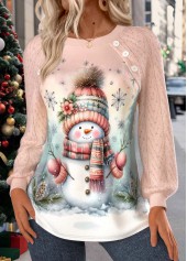 Rotita – Weihnachts-Sweatshirt mit Schneemann-Print in Hellrosa mit Rundhalsausschnitt und Patchwork