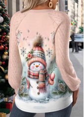 Light Pink tops,Christmas tops,Plants tops,ROTITA Christmas Patchwork Snowman Print Light Pink Round Neck Sweatshirt