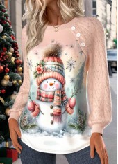 Light Pink tops,Christmas tops,Plants tops,ROTITA Christmas Patchwork Snowman Print Light Pink Round Neck Sweatshirt