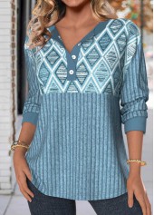 Dusty Blue tops,Geometric tops,ROTITA Button Geometric Print Dusty Blue Split Neck Sweatshirt