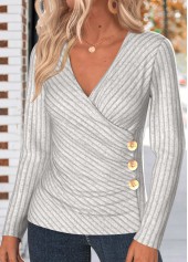Light Grey tops,Plain Color tops,ROTITA Button Light Grey V Neck Long Sleeve T Shirt