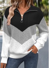 Black tops,Contrast Color tops,ROTITA Jacquard Black Turn Down Collar Long Sleeve Sweatshirt