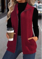 ROTITA Plus Size Jacquard Wine Red Stand Collar Sleeveless Waistcoat