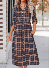 Navy dresses,Plaid dresses,Everyday dresses,Casual dresses,ROTITA Button Plaid Navy Shirt Collar Long Sleeve Dress