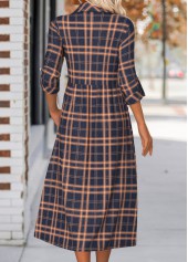 Navy dresses,Plaid dresses,Everyday dresses,Casual dresses,ROTITA Button Plaid Navy Shirt Collar Long Sleeve Dress