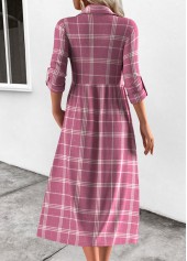 Pink dresses,Plaid dresses,Everyday dresses,Casual dresses,ROTITA Button Plaid Pink Shirt Collar Long Sleeve Dress