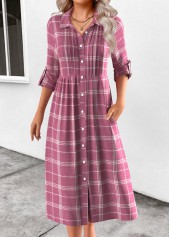 Pink dresses,Plaid dresses,Everyday dresses,Casual dresses,ROTITA Button Plaid Pink Shirt Collar Long Sleeve Dress