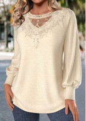 Beige plus size,Plain Color plus size,ROTITA Plus Size Embroidery Beige Round Neck T Shirt