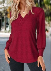 Red tops,Plain Color tops,ROTITA Patchwork Red V Neck Long Sleeve T Shirt