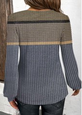 Dark Blue tops,Geometric tops,ROTITA Patchwork Geometric Print Dark Blue V Neck T Shirt