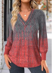 ROTITA Ombre Dark Grey V Neck Long Sleeve T Shirt