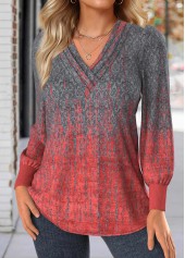 Dark Grey tops,Ombre tops,ROTITA Ombre Dark Grey V Neck Long Sleeve T Shirt