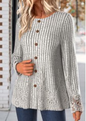 Light Grey Marl tops,Plain Color tops,ROTITA Embroidery Light Grey Marl Round Neck Long Sleeve T Shirt