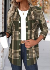 Green tops,Plaid tops,ROTITA Patchwork Plaid Green Turn Down Collar Long Sleeve Coat