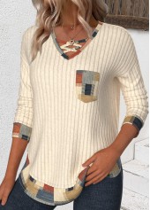 Beige tops,Geometric tops,ROTITA Patchwork Geometric Print Beige V Neck T Shirt