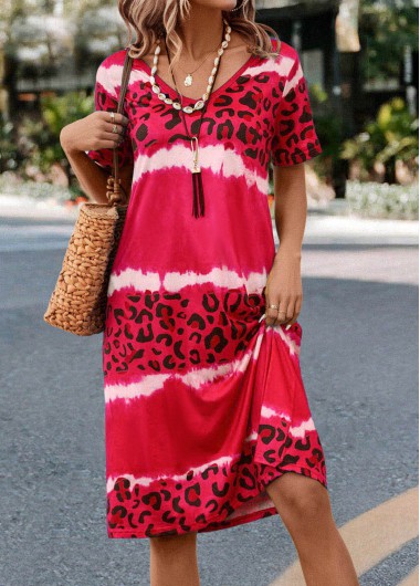 Hot Pink dresses,Leopard dresses,Animal Print dresses,Everyday dresses,Casual dresses,ROTITA Leopard Hot Pink V Neck Dress