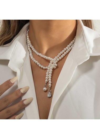 White jewelry,Geometric jewelry,White Pearl Detail Geometric Pattern Necklace