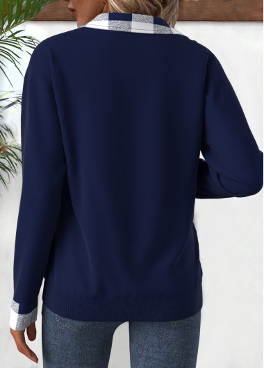 Navy plus size,Plaid plus size,Striped plus size,Geometric plus size,ROTITA Plus Size Patchwork Navy Plaid Turn Down Collar Sweatshirt