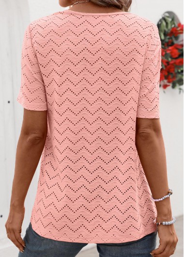 Light Pink tops,Plain Color tops,Tuck Stitch Light Pink Round Neck T Shirt