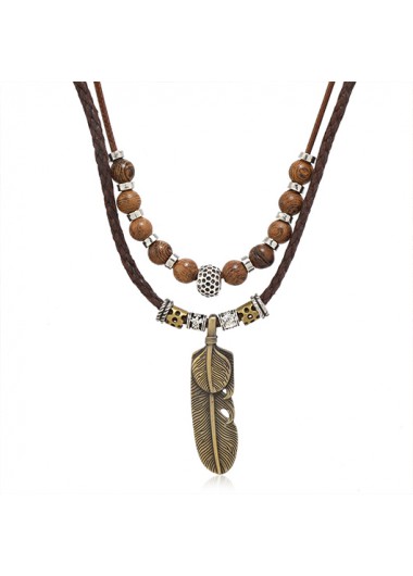 Dark Coffee jewelry,Tribal jewelry,Dark Coffee Alloy Feather Beaded Necklace