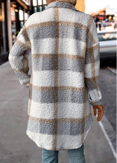 Raw white tops,Plaid tops,Button Plaid Raw White Turn Down Collar Coat