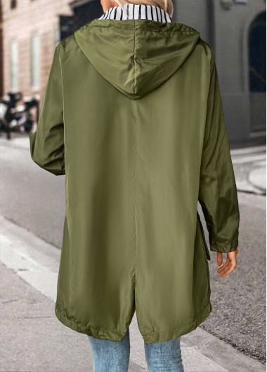 Green tops,Plain Color tops,Drawstring Green Hooded Long Sleeve Coat