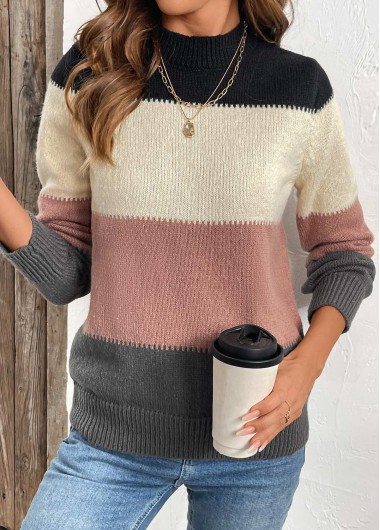 Dusty Pink tops,Contrast Color tops,Patchwork Dusty Pink Stand Collar Long Sleeve Sweater
