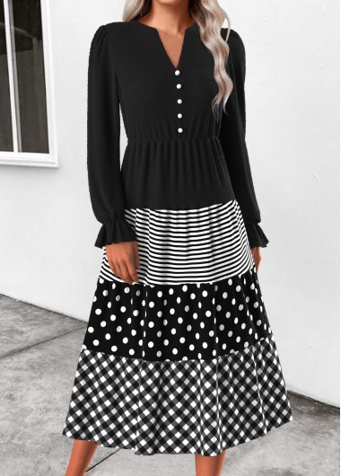 Black dresses,Geometric dresses,Everyday dresses,Casual dresses,ROTITA Patchwork Geometric Print Black Split Neck Long Sleeve Dress