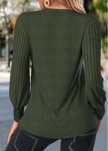Olive Green plus size,Plain Color plus size,ROTITA Plus Size Patchwork Olive Green V Neck T Shirt